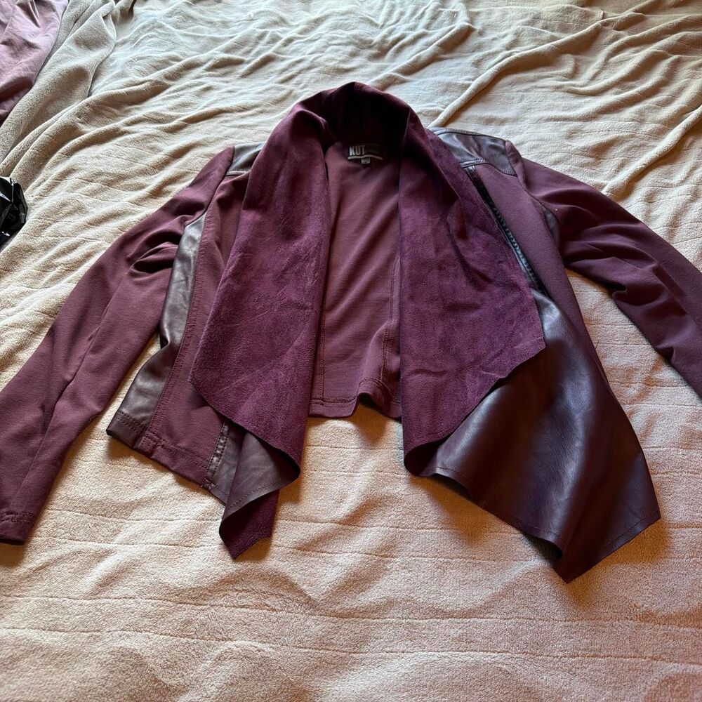 Kut from the Kloth Faux Leather Drape Front Jacket in Burgundy Size M